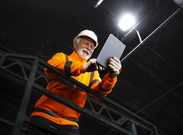 Portrait of miner in safety uniform, hardhat and lamp standing inside underground mine and checking ore production.