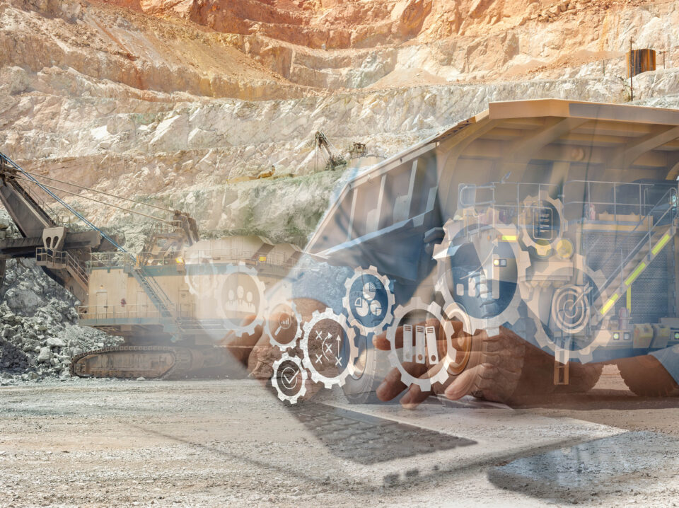 Electric rope shovel and dump truck at a copper mine in Peru
